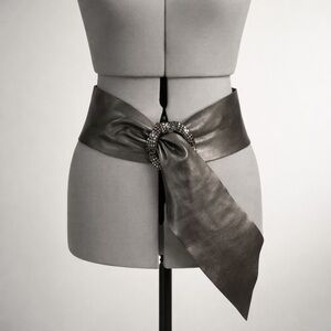 Wide Faux Leather Pull Through Belt w/Decorative Buckle, Pewter, XL/L